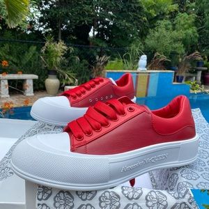 Authentic Alexander McQueen Deck Boating Red Low Top Lace Up Calf Sneakers 12